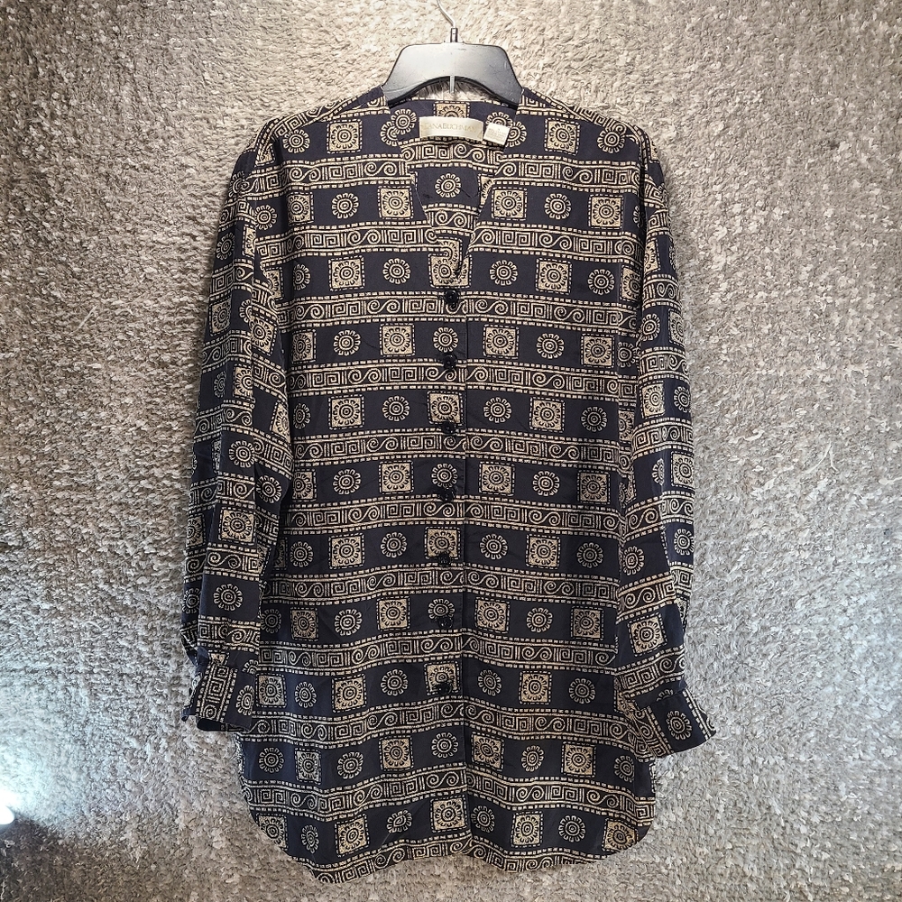 Dana‎ Buchman Silk Long Sleeve Button Up Tunic Aztec Print Lagenlook Preppy Sz 4